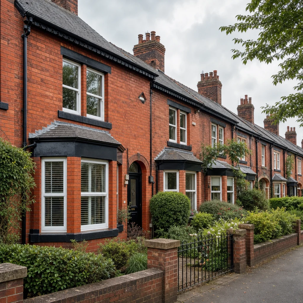 Red-brick Victorian terraced houses on a residential street in Greater Manchester